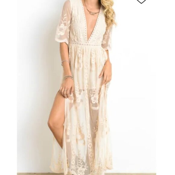 Wishlist Ivory Lace Boho Embroidered Maxi Dress Womea Small - Picture 1 of 8